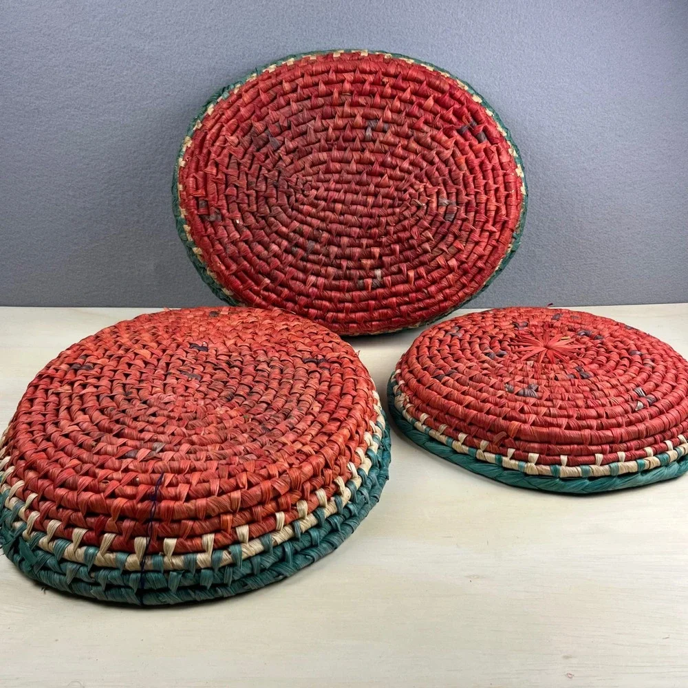 Watermelon Woven Raffia Basket Set 3pc Red Green Boho Decor Trays Round Oval